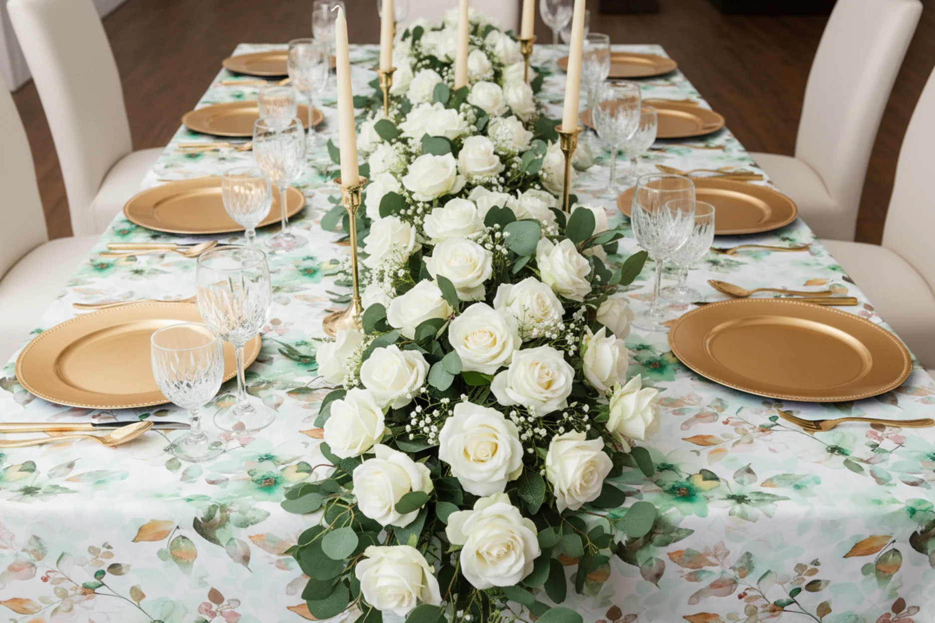 Watercolor Floral Rectangular 90"x132" Tablecloth - Green - Image 4