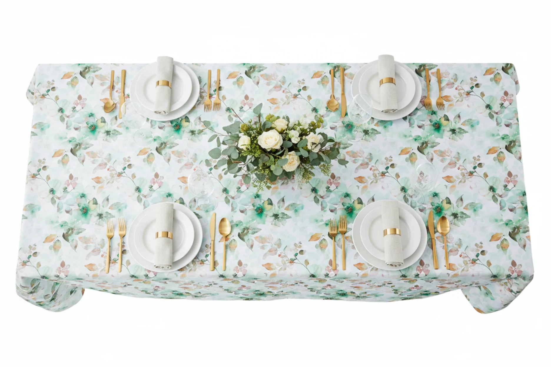Watercolor Floral Rectangular 90"x132" Tablecloth - Green - Image 5