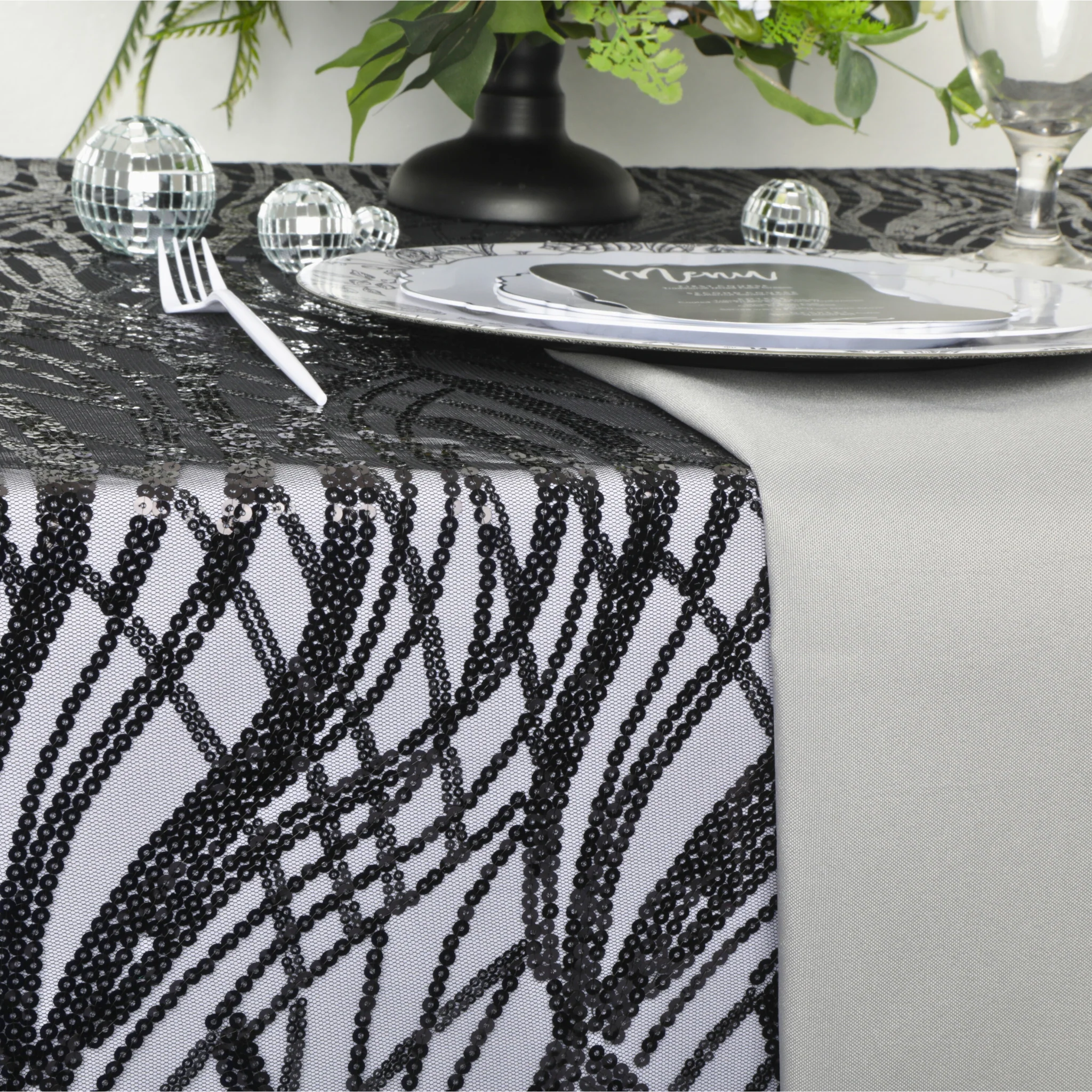 Wave Sequin Mesh Tablecloth 90"x132" Rectangular - Black - Image 3