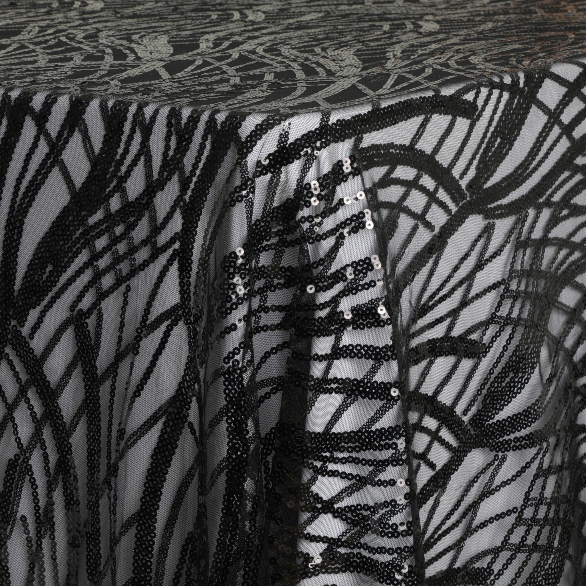 Wave Sequin Mesh Tablecloth 90"x132" Rectangular - Black - Image 4