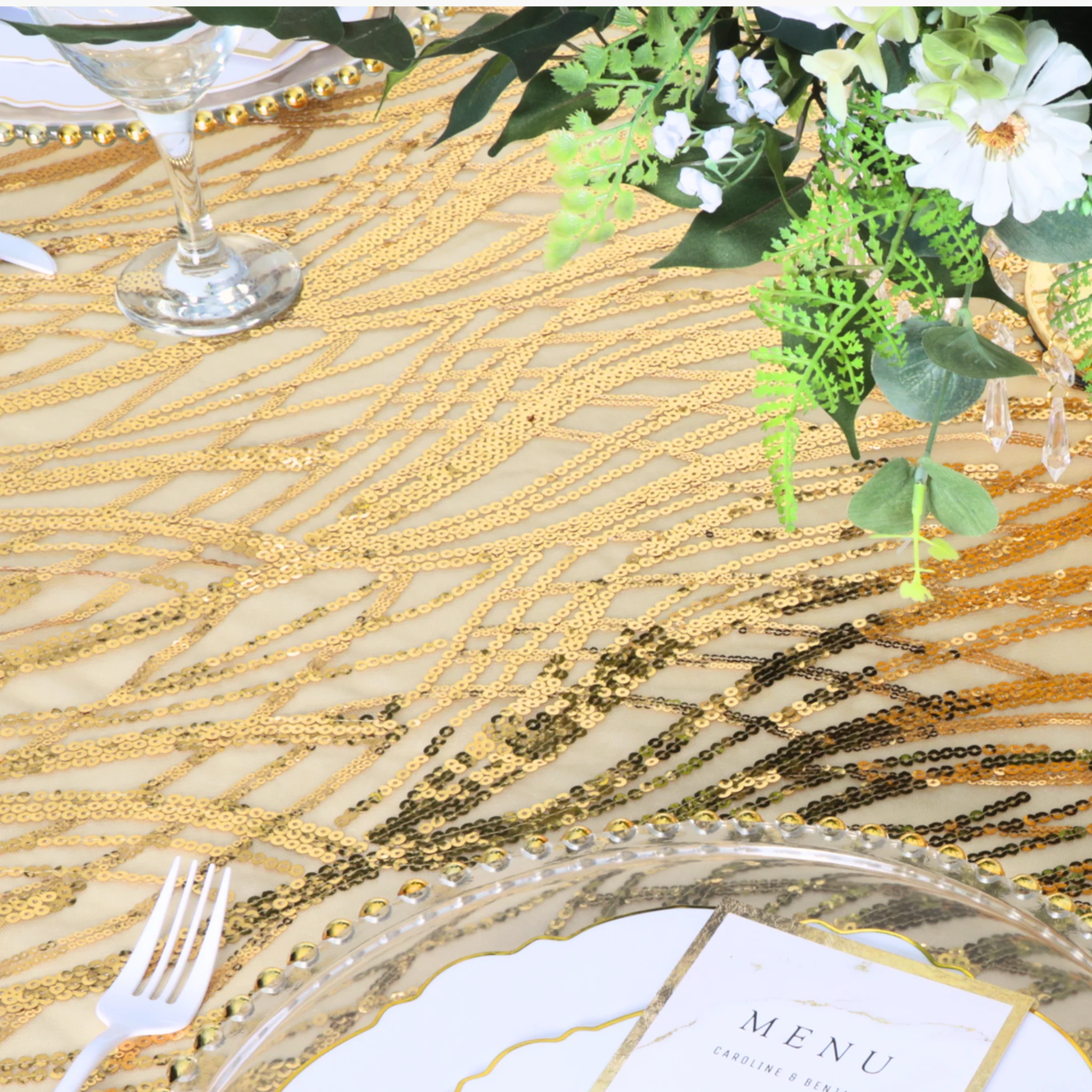 Wave Sequin Mesh Tablecloth 90"x132" Rectangular - Gold - Image 3