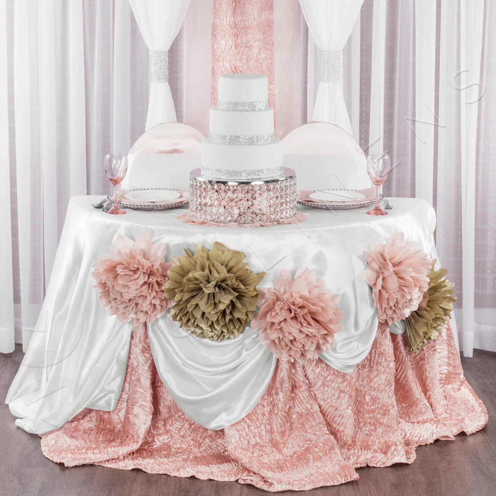 Wedding Rosette Satin 120" Round Tablecloth - Blush/Rose Gold - Image 3